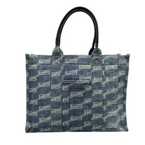 Auth BALENCIAGA Hardware Tote Bag 671400 Navy Cream Denim Leather Tote Bag